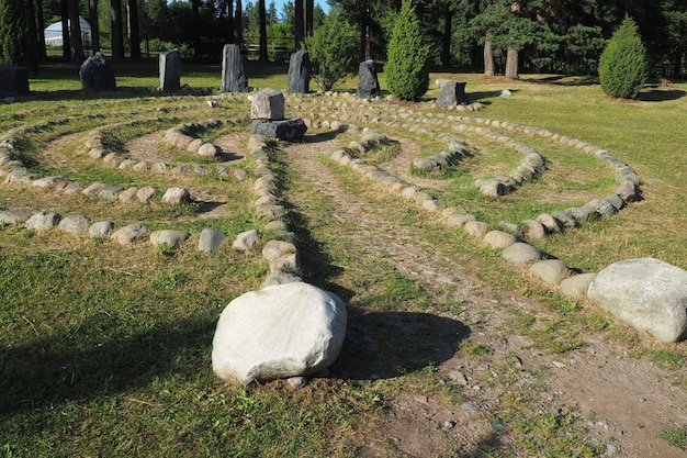 Stone labyrinth near the Devil's Stul rock on Lake Onega Zaozerye Petrozavodsk Karelia Russia A magical place for the rituals of the ancient Karelians and Finns Ethnographic northern tourism