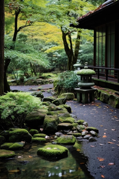 Photo a stone lantern with moss on top of a rock path