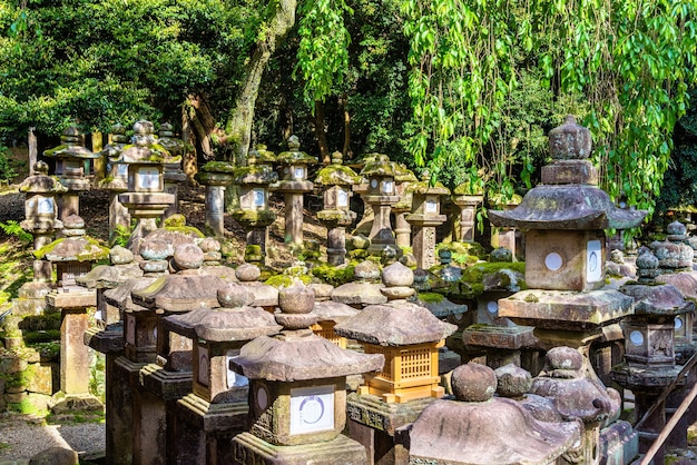 Lanterne di pietra al santuario tamukeyama hachimangu a nara, giappone