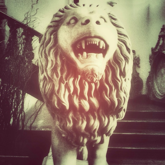 Фото Каменная скульптура льва у лестницы в отеле catalonia plaza mayor