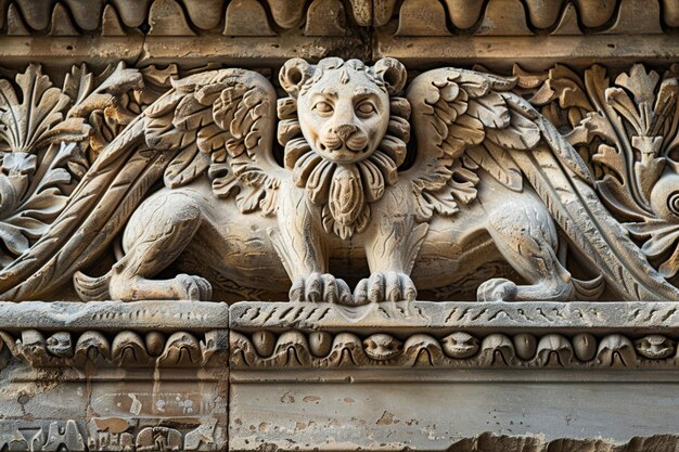 a stone lion statue with the word  lion  on it