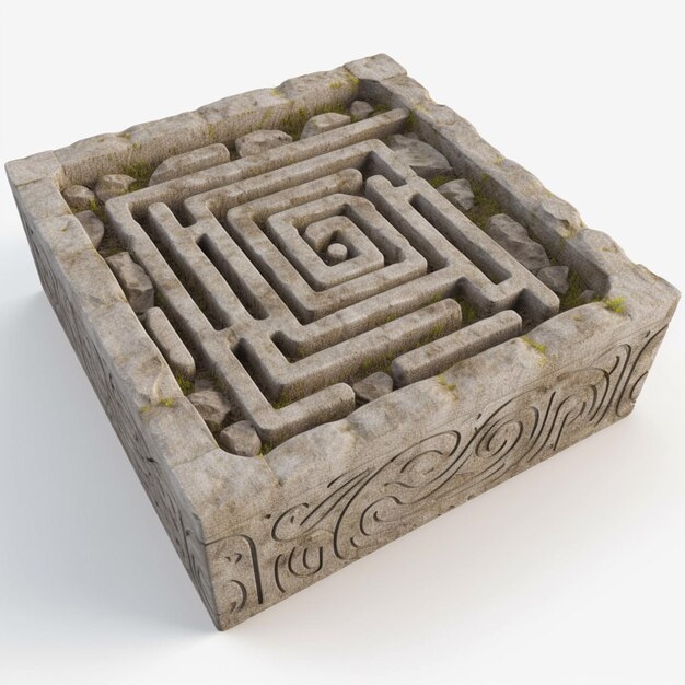 A stone maze with a spiral design on the center.