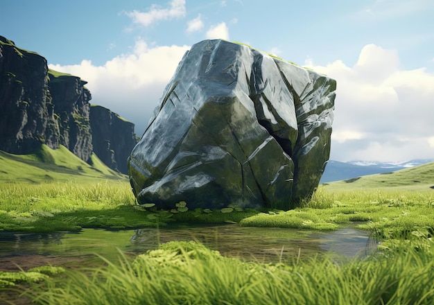 stone in the middle of a grass in the style of realistic rendering