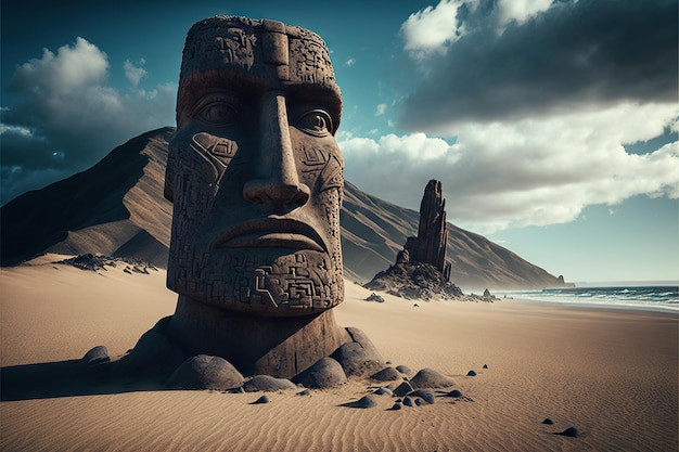 Stone moai statue on ocean beach created with generative ai