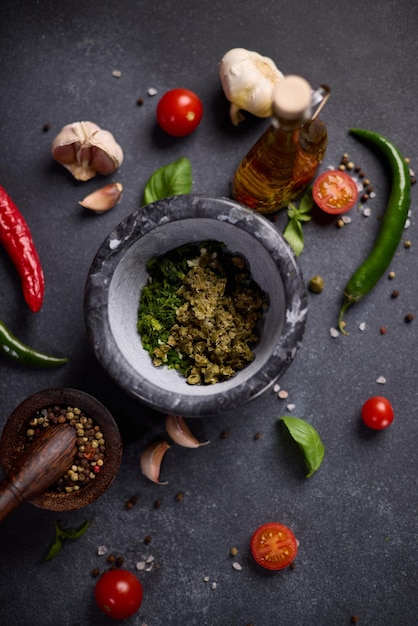 Stone mortar with green sauce chopped ingredients