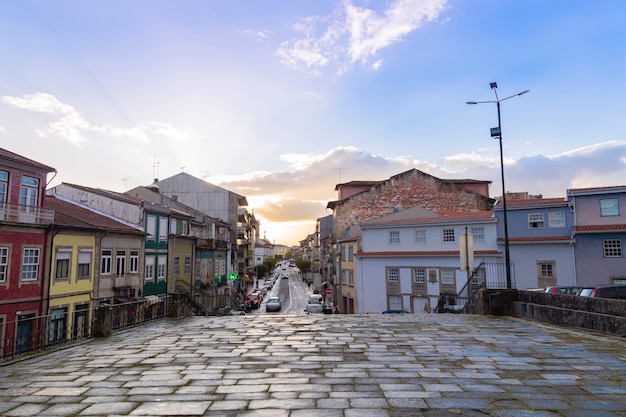 Stone path in the city of Braga in Portugal, with sunset, November 2019