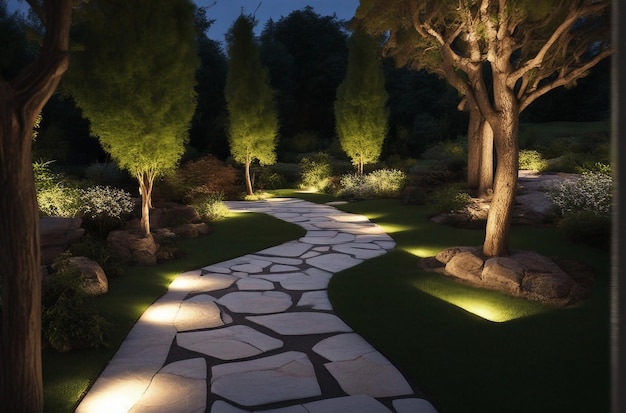 照明がついた庭の石の道