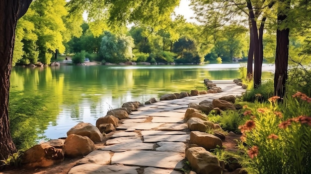 A stone path leading to a body of water