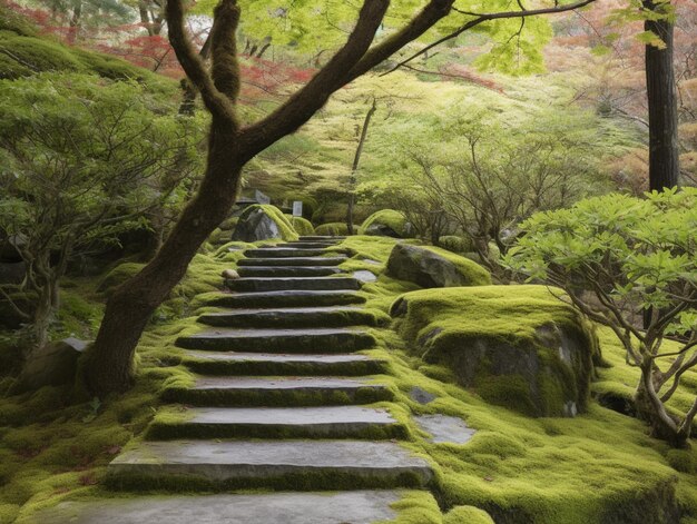 A stone path leads to a garden with moss and rocks.