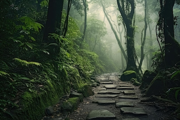 Stone path in mystic foggy rainforest