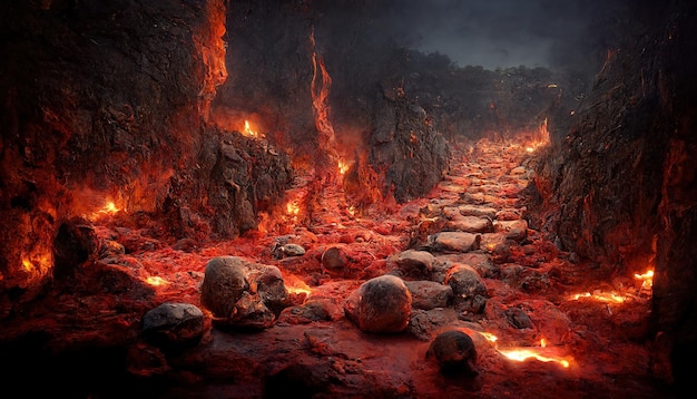 Foto un sentiero di pietra tra rocce inondate di lava conduce ad un bosco