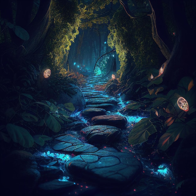 Stone path through bioluminescent fantasy forest generated ai