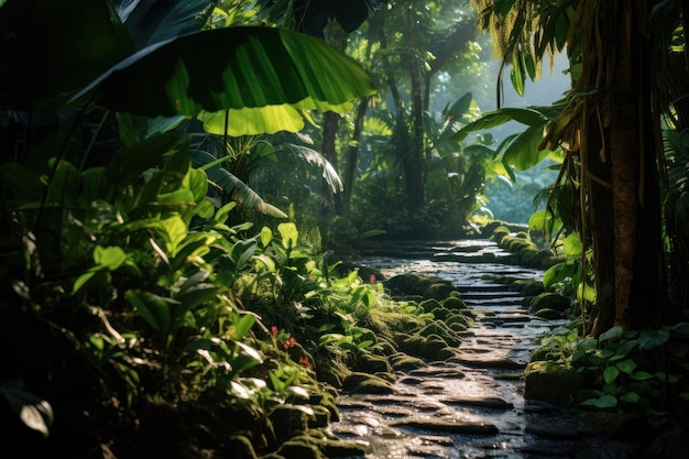 a stone path through a forest