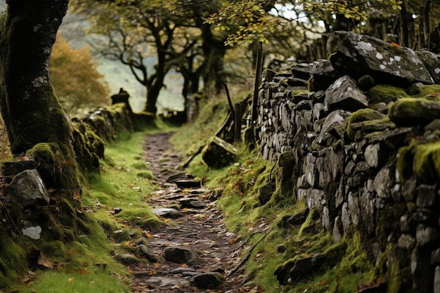 Foto un sentiero di pietra con erba e un muro di pietra