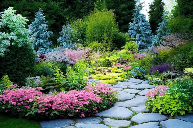 Stone path with pink flowers