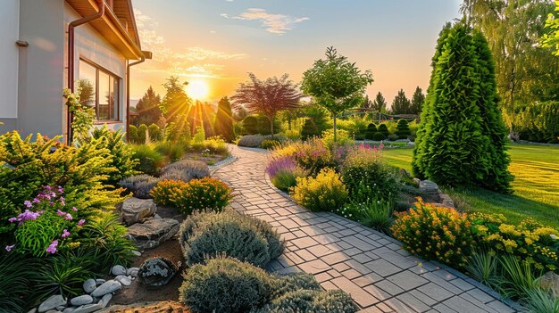 A stone pathway winds through a luxurious home garden with vibrant
