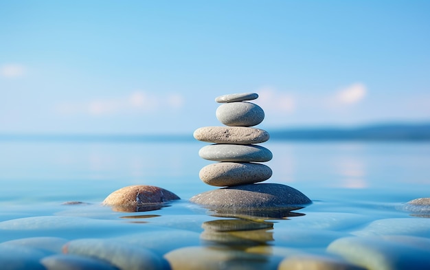 Stone Pebble Balance on Blue Water Background