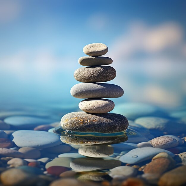 Stone Pebble Balance on Blue Water Background