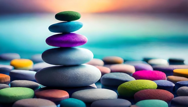 stone pebble balance on blue water background