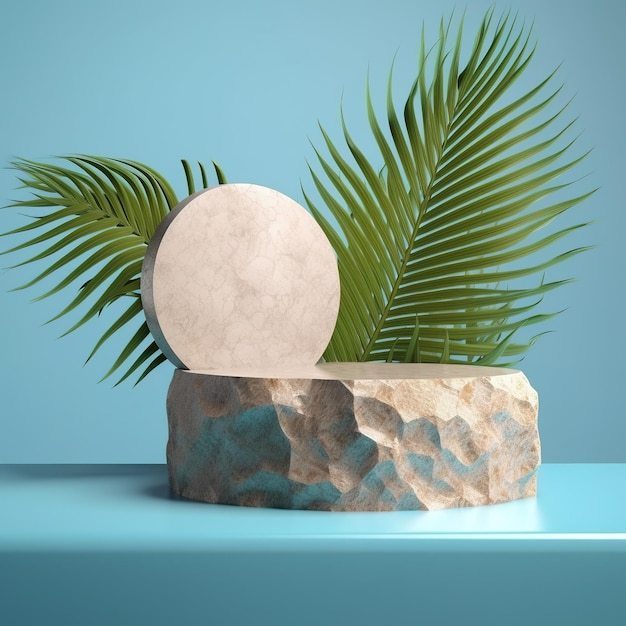 A stone on a piece of rock with a palm tree in the background.