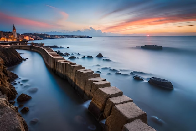 a stone pier with a sunset in the background