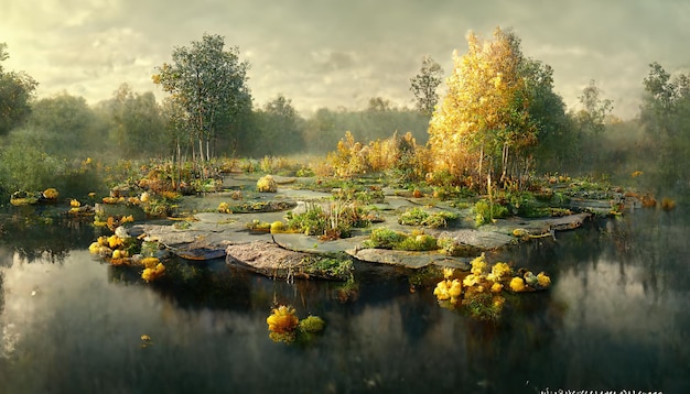 Stone pierce with yellow flowers on calm lake against forest