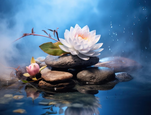 stone pillar water lily and eucalyptus with steam on blue background