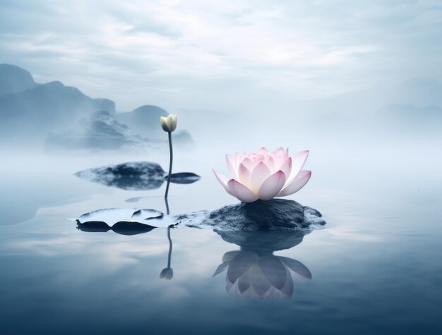 stone pillar water lily and eucalyptus with steam on blue background