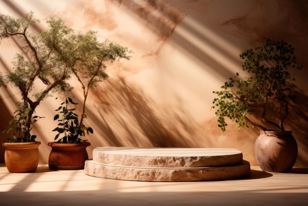 Stone platform for the demonstration and display of goods with green plants and shadows on the wall