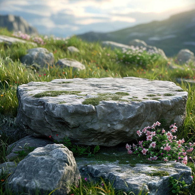 Photo stone platform in meadow for product presentation and on transparent background