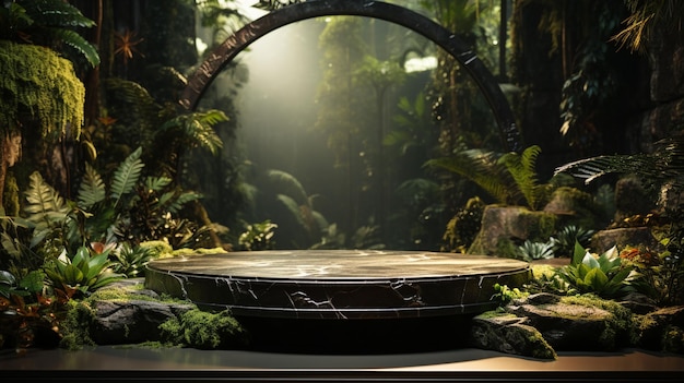 Foto pedistallo di piattaforma in pietra nella foresta tropicale per la presentazione del prodotto e il rendering 3d della foresta verde