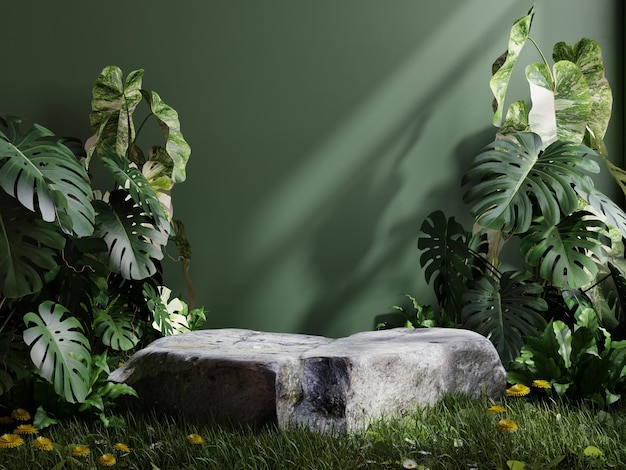 Stone platform in tropical forest for product presentation and green wall