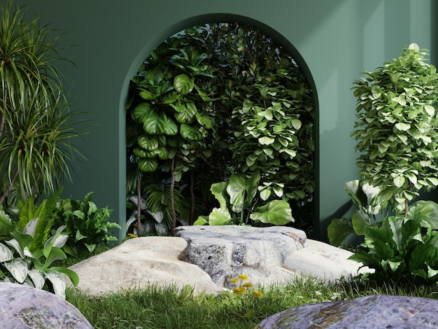 Stone platform in tropical forest for product presentation and green wall