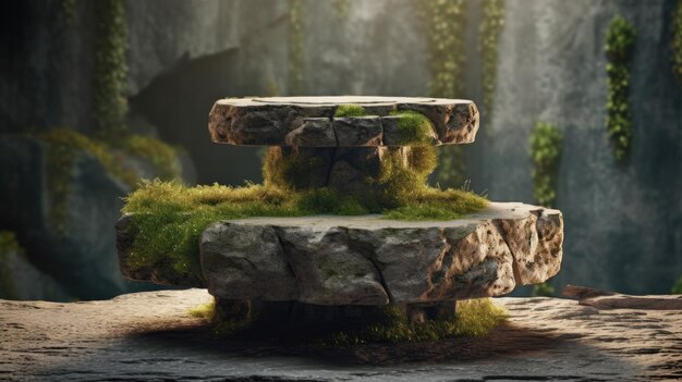 A stone platform with a mossy landscape in the background.