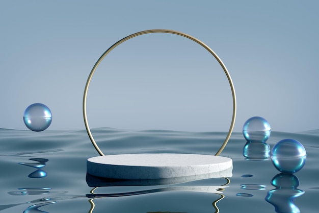 Stone podium on blue water glass background