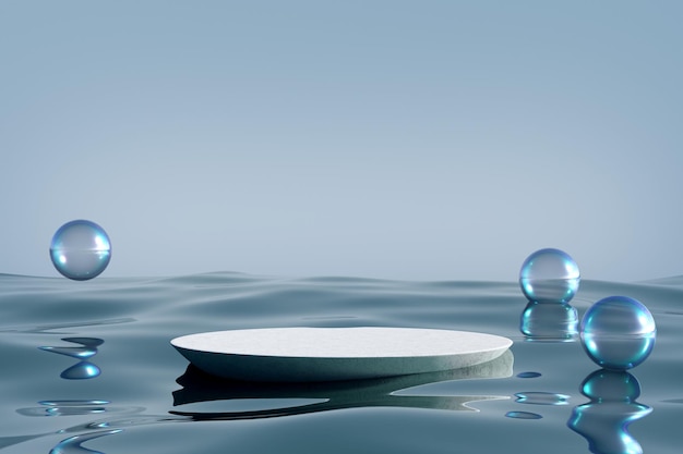 Stone podium on blue water glass background