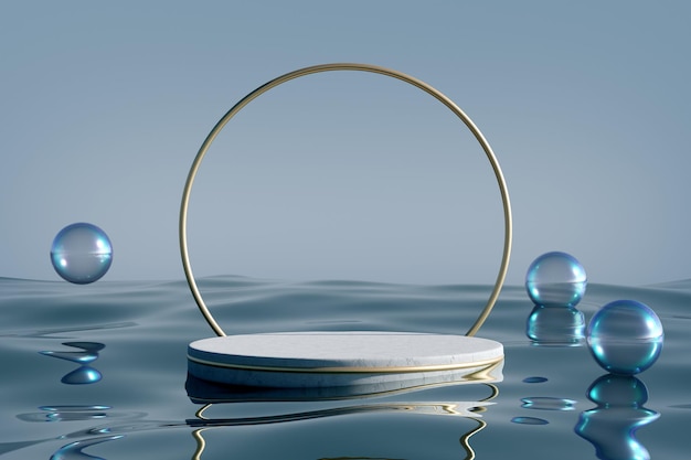 Stone podium on blue water glass background