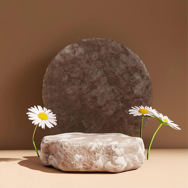 Stone podium Cosmetic display stand with daisy blossom flowers on brown background 3D rendering