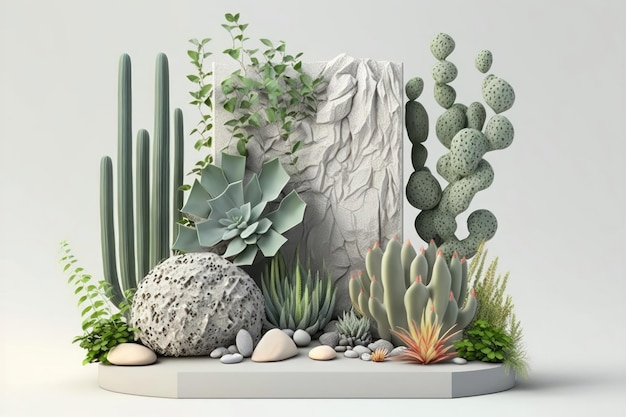 Stone podium cosmetic display stand with nature leaves Generation AI