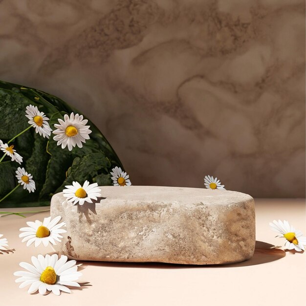 Stone podium cosmetic exhibition stand with chamomile flowers on coffee background 3D rendering