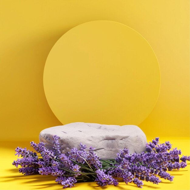 Stone podium cosmetic exhibition stand with lavender flowers on yellow background 3d rendering