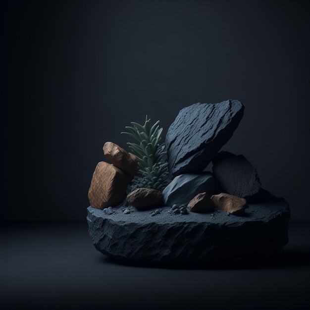 Stone podium display on black background