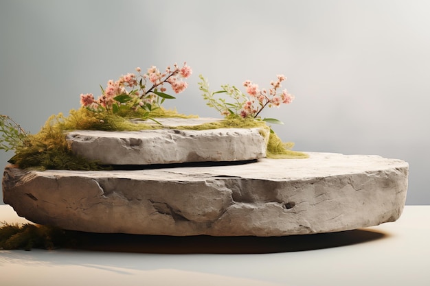 Foto podium in pietra per la esposizione di prodotti su sfondo grigio con luci, ombre e fiori di ciliegio