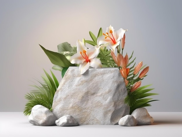 Stone podium display with flowers