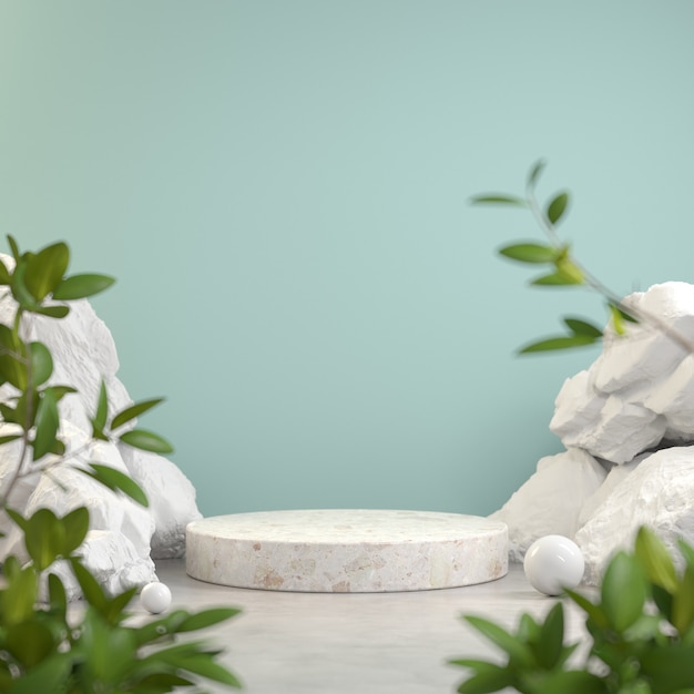 Photo stone podium display with white rock and plant blur foreground abstract background 3d render