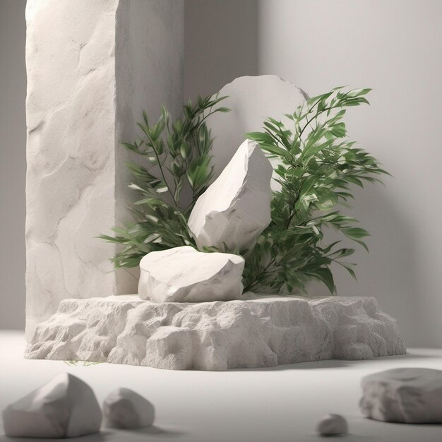 Stone podium display with white rock and plant blur foreground abstract background 3d render