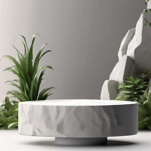 Stone podium display with white rock and plant blur foreground abstract background 3d render