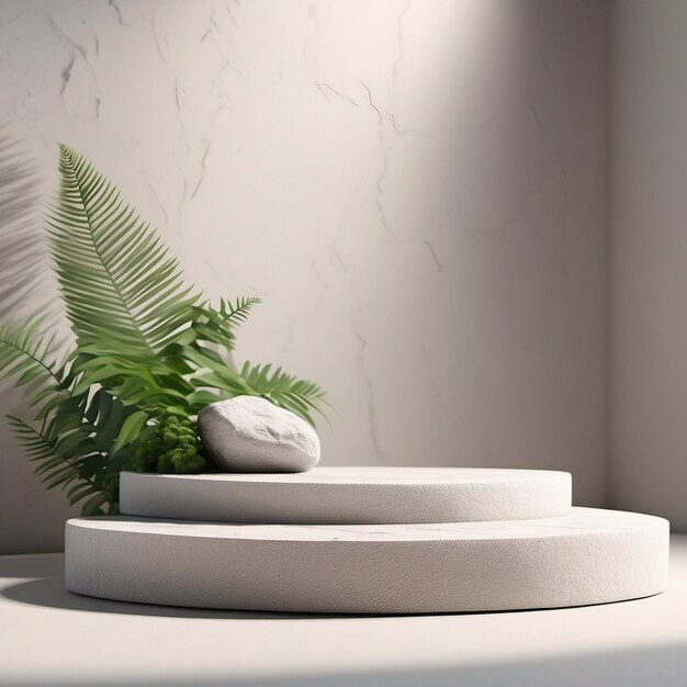 Stone podium display with white rock and plant blur foreground abstract background 3d render