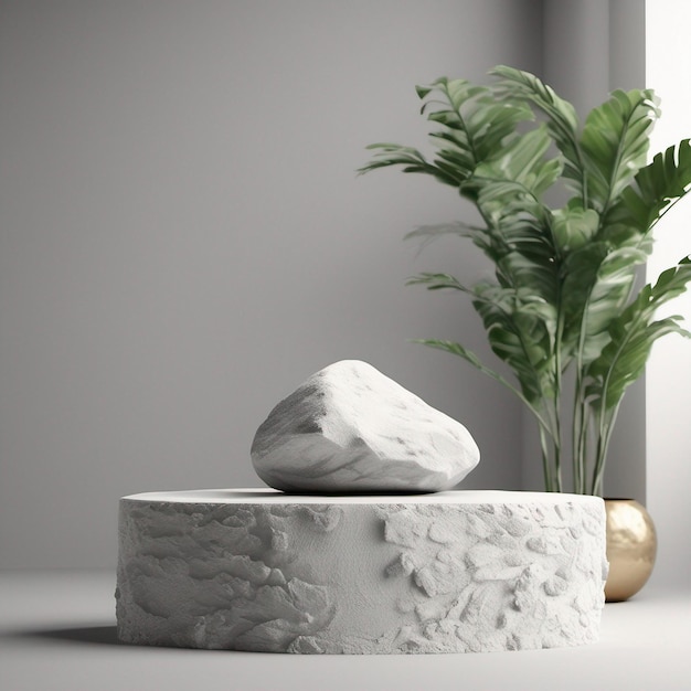白い岩と植物のぼかし前景抽象的な背景3dレンダリングと石の表彰台のディスプレイ