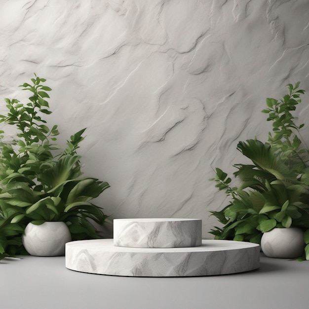 Stone podium display with white rock and plant blur foreground abstract background 3d render